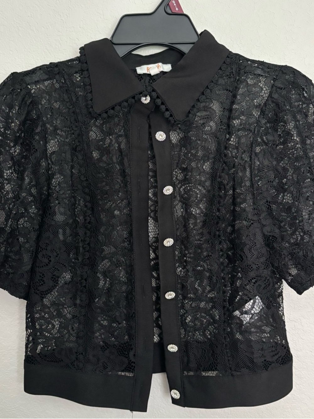 Black Short Sleeve Lace Button-Up Top
